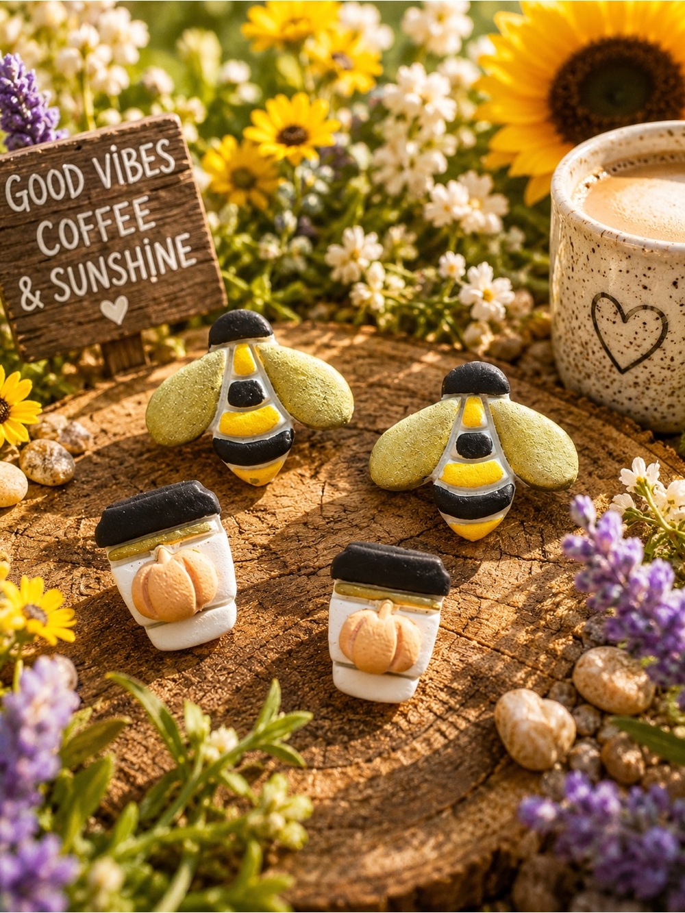 Yellow Bee & Pumpkin Coffee Handmade Polymer Clay Earrings